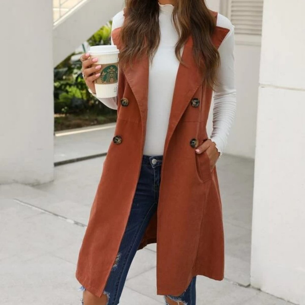 Double Breasted Pocket Side Vest Coat - Rusty Brown - Picture 4 of 6